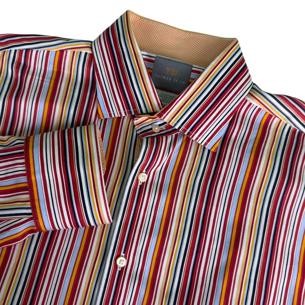 Thomas Dean Mens XL Shirt Multi Color Stripe Button Down Long Sleeve Cotton